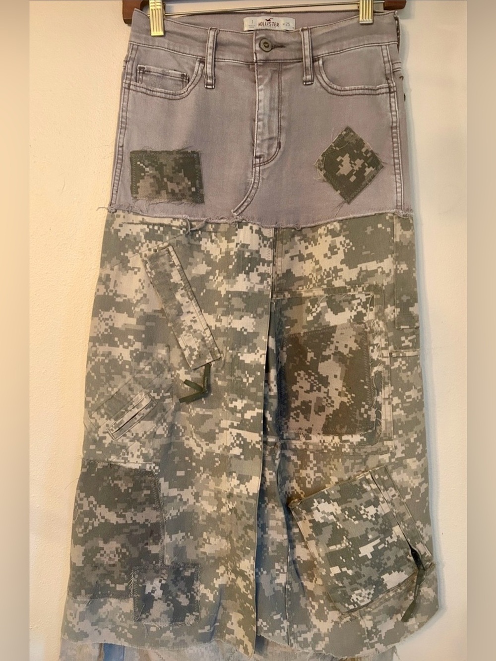 Upcycled hollister denim and digital camouflage maxi asymmetrical length skirt
